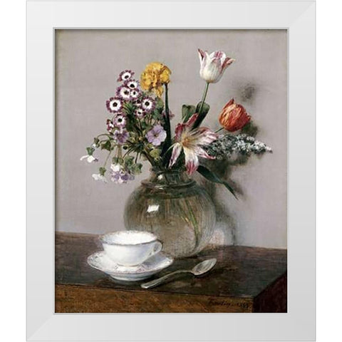 A Vase of Flowers With a Coffee Cup White Modern Wood Framed Art Print by Latour, Henri Fantin