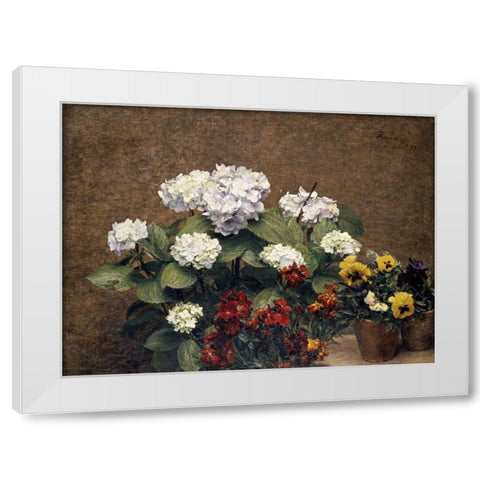 Hydrangeas, Wallflowers and Two Pots of Pansies White Modern Wood Framed Art Print by Fantin-Latour, Henri