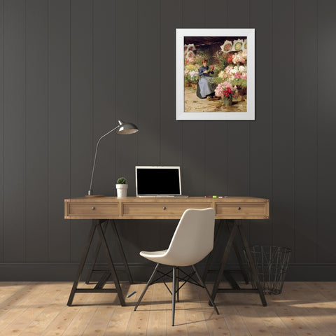 Flower Seller Behind The Madelaine Church White Modern Wood Framed Art Print by Gilbert, Victor