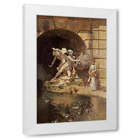 Feeding The Ducks White Modern Wood Framed Art Print by Giroux, Ernest