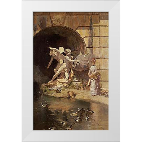 Feeding The Ducks White Modern Wood Framed Art Print by Giroux, Ernest