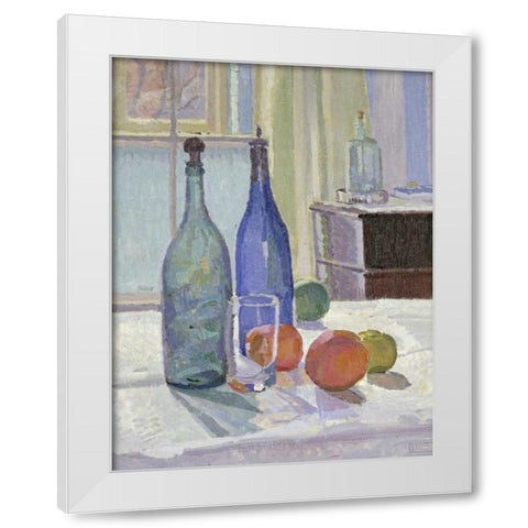 Blue and Green Bottles and Oranges White Modern Wood Framed Art Print by Gore, Spencer Frederick