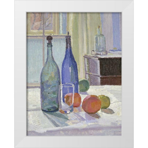 Blue and Green Bottles and Oranges White Modern Wood Framed Art Print by Gore, Spencer Frederick