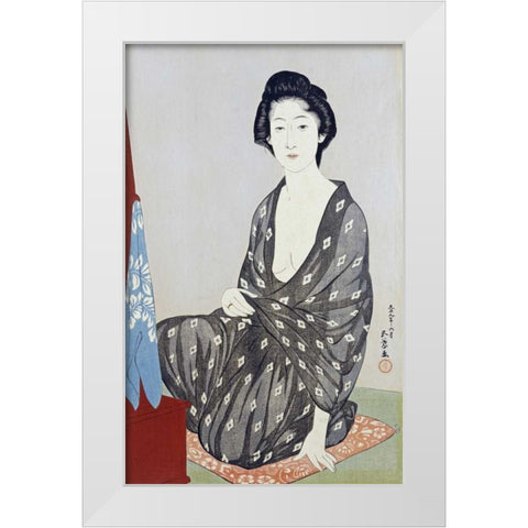 A Beauty In a Black Kimono White Modern Wood Framed Art Print by Goyo, Hashiguichi