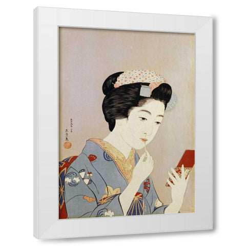 A Maiko Applying Rouge To Her Lips White Modern Wood Framed Art Print by Goyo, Hashiguichi