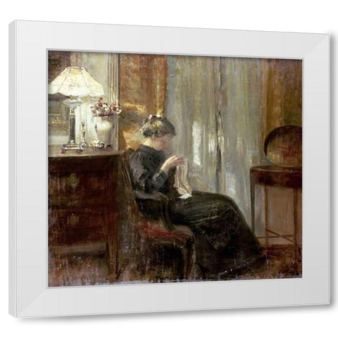 A Woman Sewing In An Interior White Modern Wood Framed Art Print by Holsoe, Carl