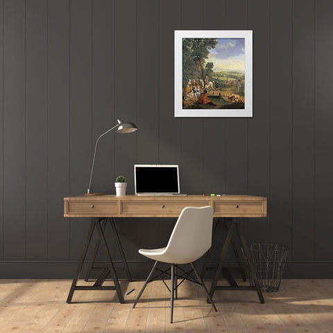 An Elegant Hawking Party Resting In a Park White Modern Wood Framed Art Print by Horemans, Jan Josef