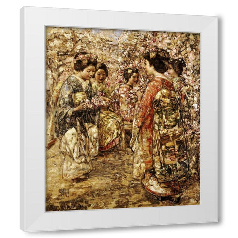 Five Japanese Girls Among Blossoming Trees White Modern Wood Framed Art Print by Hornel, Edward Atkinson