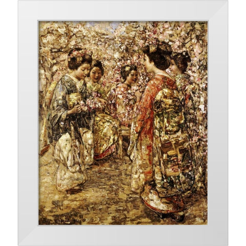 Five Japanese Girls Among Blossoming Trees White Modern Wood Framed Art Print by Hornel, Edward Atkinson