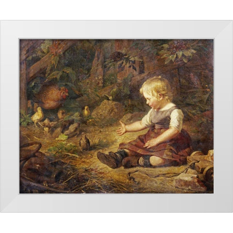 Feeding The Chickens White Modern Wood Framed Art Print by Hornemann, Hans Adolf