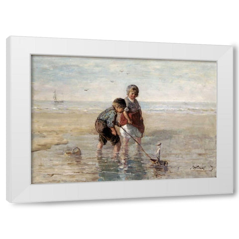 Children Playing By The Seaside White Modern Wood Framed Art Print by Israels, Jozef