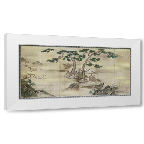 Birds, Flowers and Monkeys Six-Panel Screen White Modern Wood Framed Art Print by Kano School