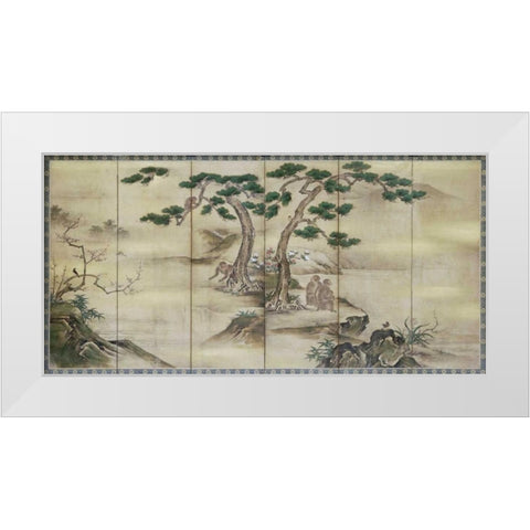 Birds, Flowers and Monkeys Six-Panel Screen White Modern Wood Framed Art Print by Kano School