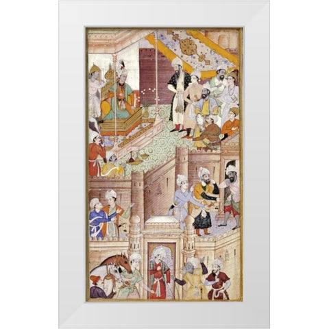 Illustration To The Baburnama White Modern Wood Framed Art Print by Karan, Khem
