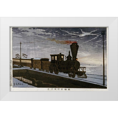 A Steam Locomotive In Hazy Moonlight White Modern Wood Framed Art Print by Kiyochika, Kobayashi