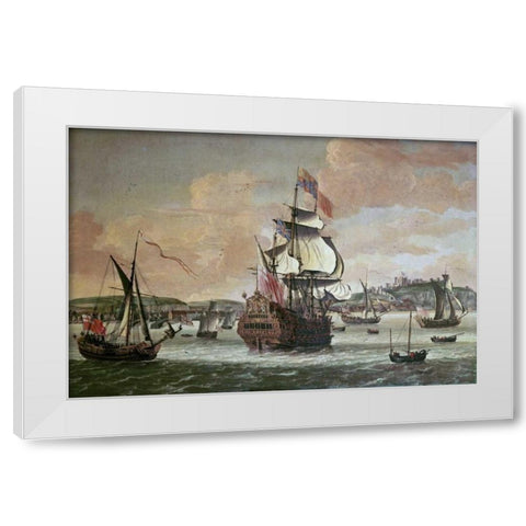 Charles II On Board a Two Decker Man-O-War White Modern Wood Framed Art Print by Knijff, Jacob Knyff