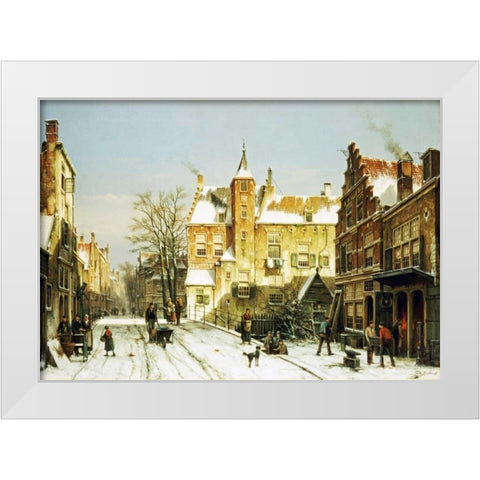 A Dutch Village In Winter White Modern Wood Framed Art Print by Koekkoek, Willem