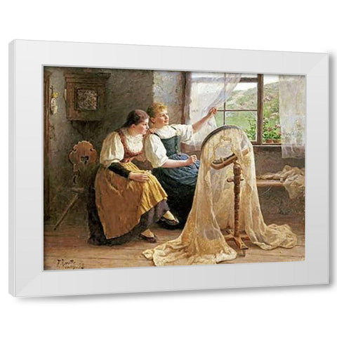 Zwei Madchen Am Strickrahmen White Modern Wood Framed Art Print by Koester, Alexander Max