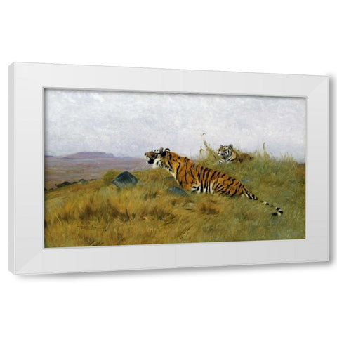 Tigers Stalking Their Prey White Modern Wood Framed Art Print by Kuhnert, Wilhelm