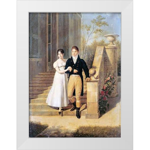 Portrait of a Lady and a Gentleman On The Steps of a Chateau White Modern Wood Framed Art Print by Lagrenee, Anthelme Francois