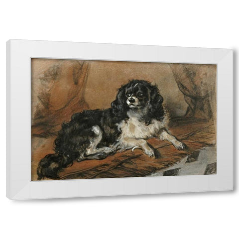 A King Charles Spaniel White Modern Wood Framed Art Print by Landseer, Sir Edwin