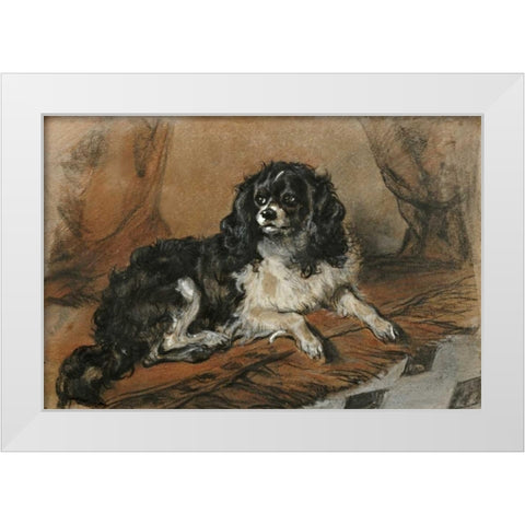 A King Charles Spaniel White Modern Wood Framed Art Print by Landseer, Sir Edwin