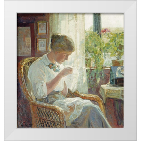 The Seamstress White Modern Wood Framed Art Print by Larsen, Knud Erik