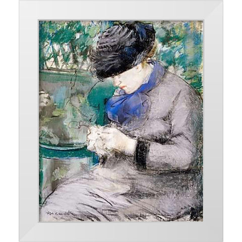 Girl Sitting in the Garden Knitting, 1879 White Modern Wood Framed Art Print by Manet, Edouard