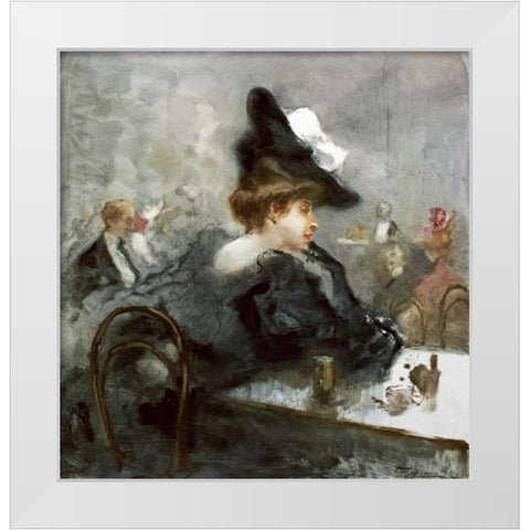 Elegant Lady In Black In a Caf?? White Modern Wood Framed Art Print by Mariani, Pompeo