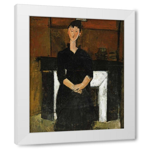 Woman Sat By a Fireplace White Modern Wood Framed Art Print by Modigliani, Amedeo