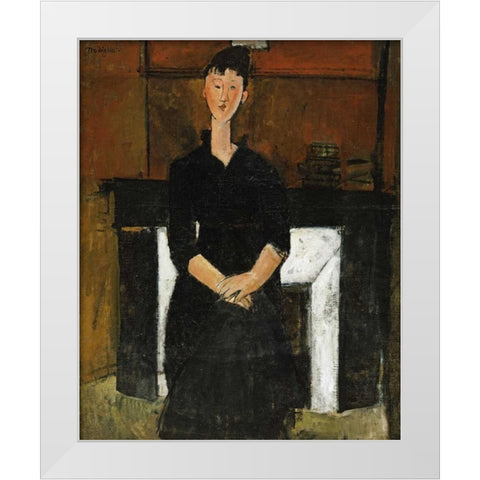 Woman Sat By a Fireplace White Modern Wood Framed Art Print by Modigliani, Amedeo