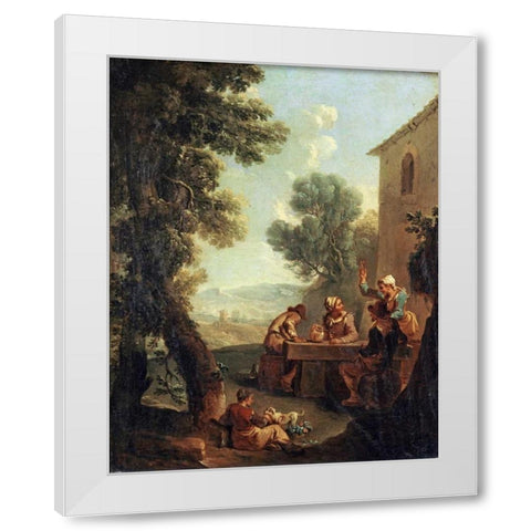 Peasants Drinking By a Farmhouse White Modern Wood Framed Art Print by Monaldi, Paolo