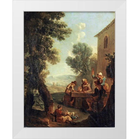 Peasants Drinking By a Farmhouse White Modern Wood Framed Art Print by Monaldi, Paolo
