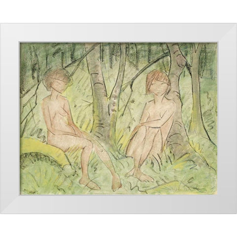 Two Women In The Forest White Modern Wood Framed Art Print by Mueller, Otto