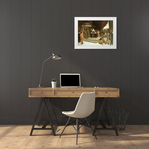 Columbus Before The Spanish Court After His Return From The Americas White Modern Wood Framed Art Print by Santa Olalla, Francisco Garcia