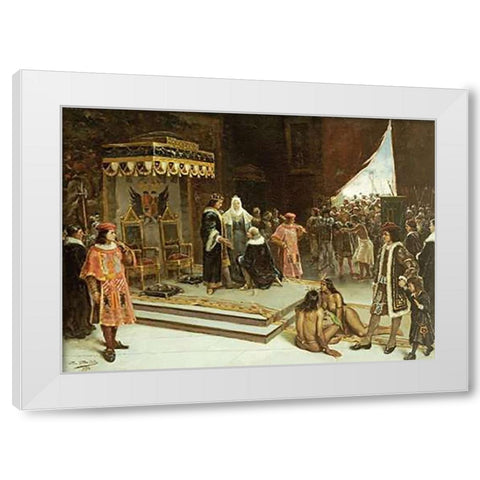 Columbus Before The Spanish Court After His Return From The Americas White Modern Wood Framed Art Print by Santa Olalla, Francisco Garcia