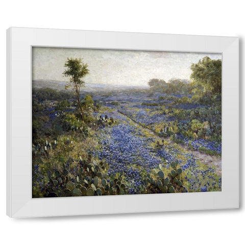 Field of Texas Bluebonnets and Prickly Pear Cacti White Modern Wood Framed Art Print by Onderdonk, Julian