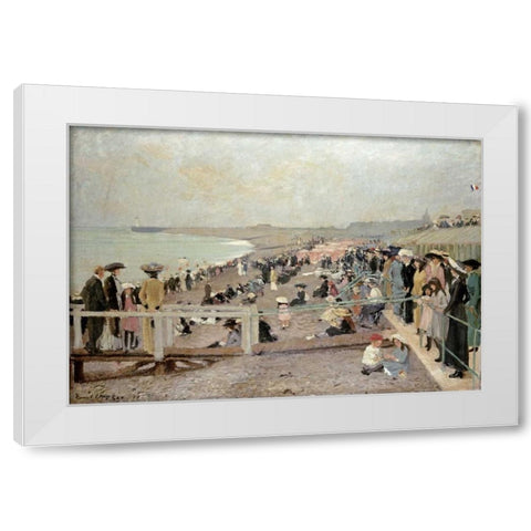 The Beach, Dieppe White Modern Wood Framed Art Print by Oppler, Ernest
