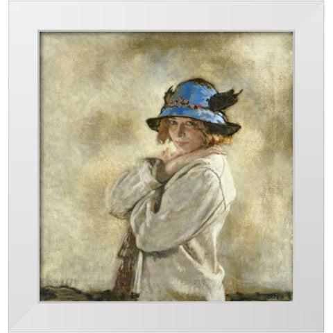 The Blue Hat White Modern Wood Framed Art Print by Orpen, Sir William