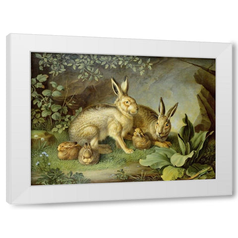Hares and Leverets In a Rocky Lair White Modern Wood Framed Art Print by Peter, Johann Wenzel