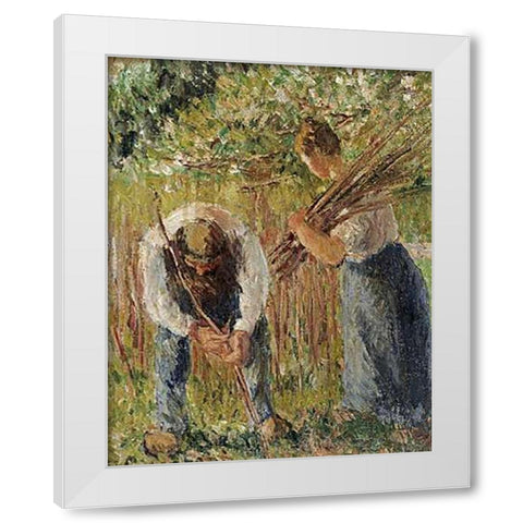 Farm Labourers Planting Stakes White Modern Wood Framed Art Print by Pissarro, Camille