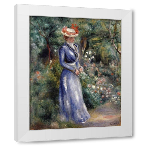 Woman In a Blue Dress White Modern Wood Framed Art Print by Renoir, Pierre-Auguste