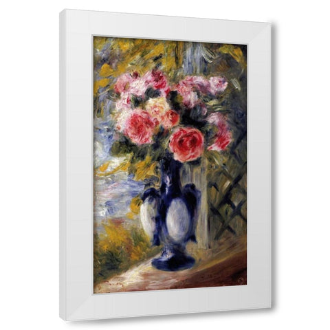 Roses In a Blue Vase White Modern Wood Framed Art Print by Renoir, Pierre-Auguste