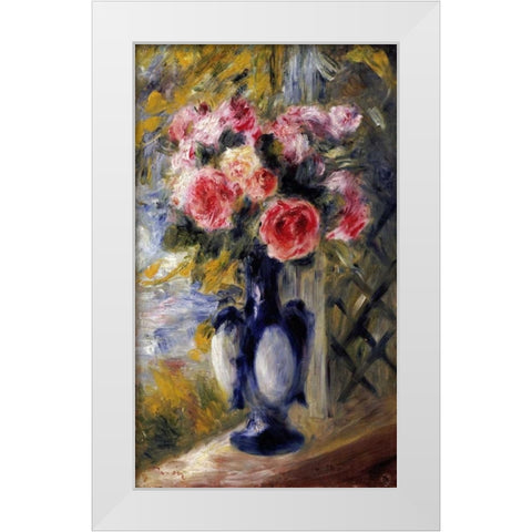 Roses In a Blue Vase White Modern Wood Framed Art Print by Renoir, Pierre-Auguste