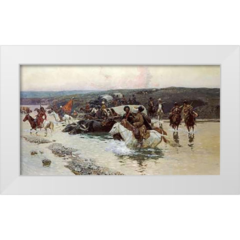 Tcherkess Convoy Crossing a River White Modern Wood Framed Art Print by Roubaud, Franz Alekseevitch