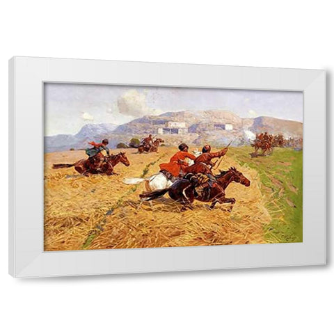 Cossacks Charging Into Battle White Modern Wood Framed Art Print by Roubaud, Franz Alekseevitch