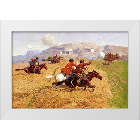 Cossacks Charging Into Battle White Modern Wood Framed Art Print by Roubaud, Franz Alekseevitch