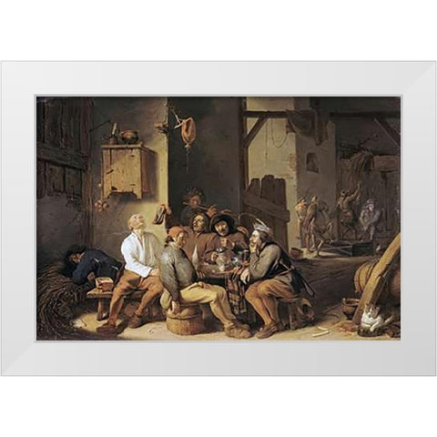 Peasants Smoking and Drinking White Modern Wood Framed Art Print by Saftleven, Cornelis