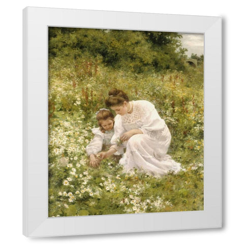 Picking Daisies White Modern Wood Framed Art Print by Seeger, Hermann