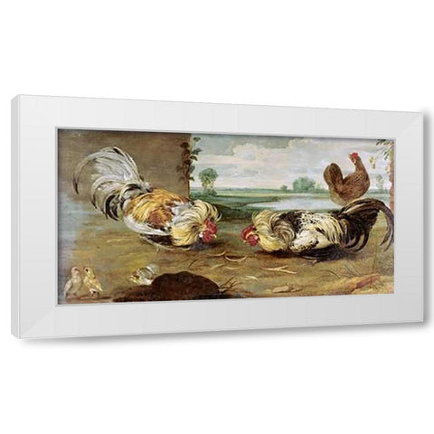 A Cock Fight White Modern Wood Framed Art Print by Snyders, Frans